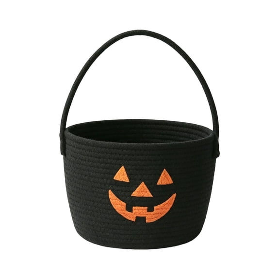 VORJELT Halloween Cotton Rope Woven Basket - Spooky Embroidered Candy Storage Bucket with Portable Handle for Trick-or-Treating, Snack & Toy Organizer, Multi-Purpose Holiday Decor D