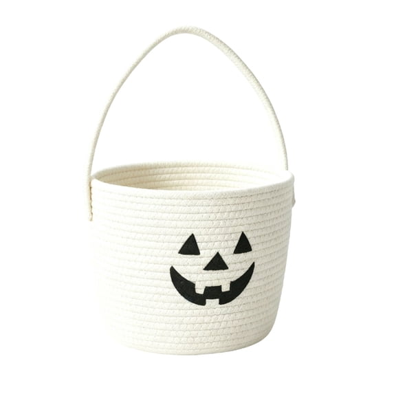 VORJELT Halloween Cotton Rope Woven Basket - Spooky Embroidered Candy Storage Bucket with Portable Handle for Trick-or-Treating, Snack & Toy Organizer, Multi-Purpose Holiday Decor A