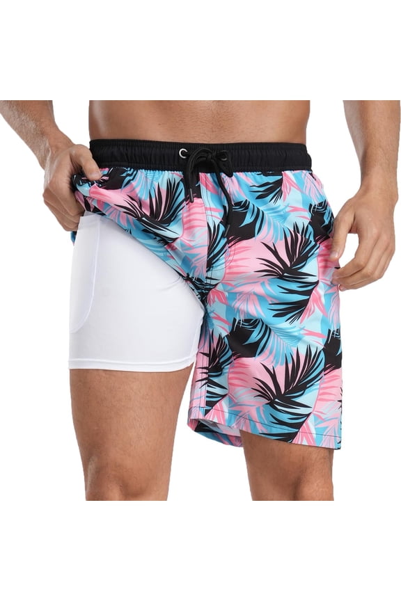 Mens Swim Trunks with Compression Liner 7 inch Inseam Mens Bathing Suit Swimming Shorts for Men Black Blue & Leaf X-Small