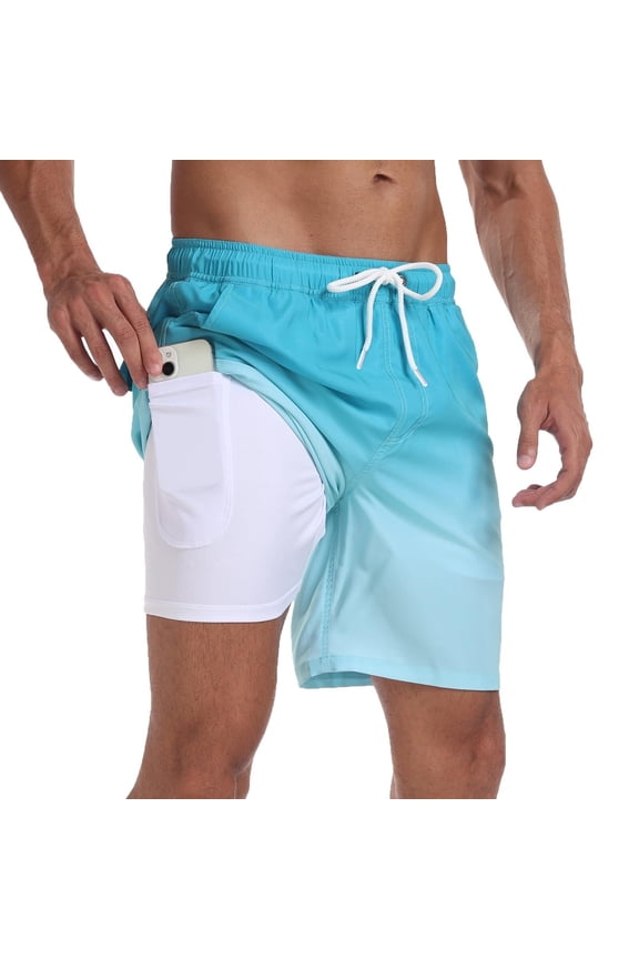 Mens Swim Trunks with Compression Liner 7 inch Inseam Mens Bathing Suit Swimming Shorts for Men Gradient Light Blue Large