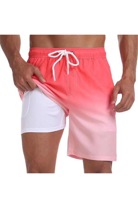 Mens Swim Trunks with Compression Liner 7 inch Inseam Mens Bathing Suit Swimming Shorts for Men Gradient Pink XX-Large