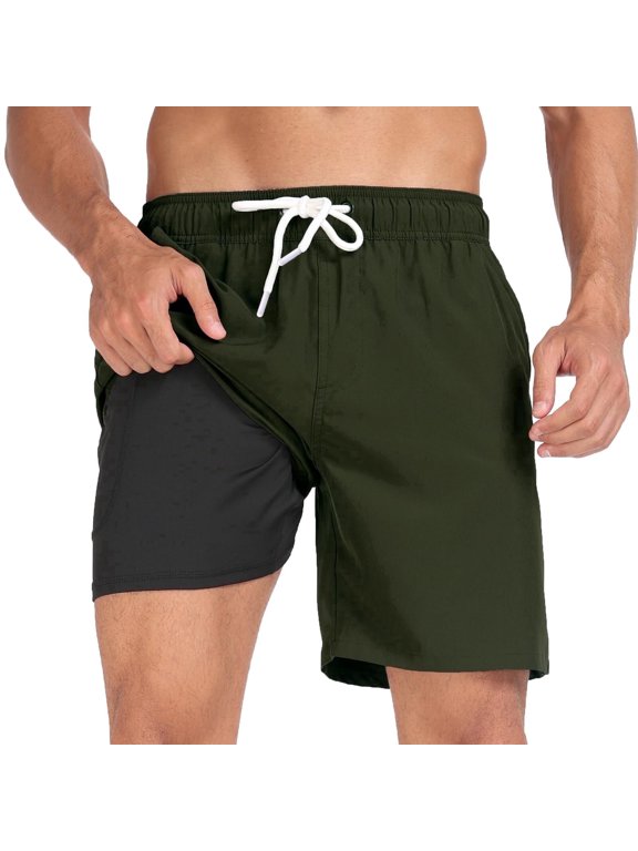 Men's Swim Trunks, 2‑in‑1 Quick Dry Board Shorts with Compression Liner and Pockets