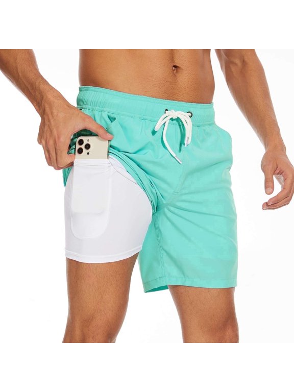 Men's Swim Trunks, 2‑in‑1 Quick Dry Board Shorts with Compression Liner and Pockets