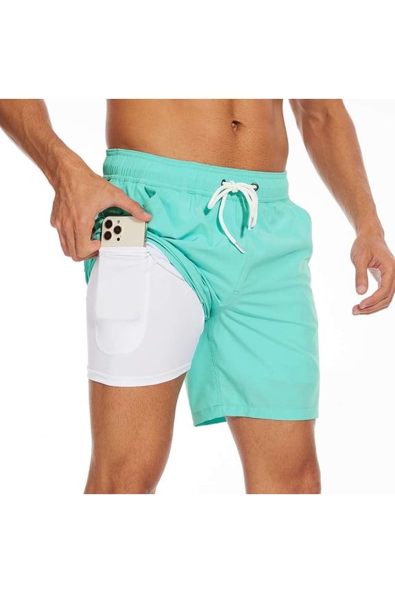 Mens Swim Trunks with Compression Liner 7 inch Inseam Mens Bathing Suit Swimming Shorts for Men Turquoise Small