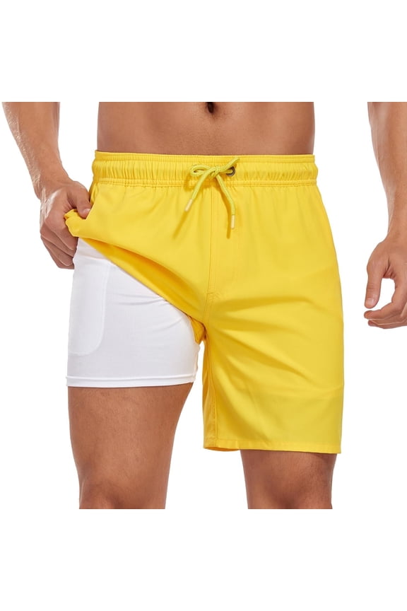 Mens Swim Trunks with Compression Liner 7 inch Inseam Mens Bathing Suit Swimming Shorts for Men Yellow XX-Large