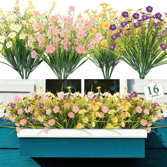 VOROLAK 16 Bundles Artificial Flowers for Outdoor, UV Resistant Fake Flowers, No Fade Faux Spring Flowers for Indoor Outside Hanging Planters, Garden, Porch, Yard, Window, Home, Summer Decor