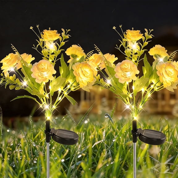 VOROLAK 2 Pack Outdoor Solar Garden Flower Lights, Artificial 7 Head Solar Powered Snow Lotus LED Stake Lights, Waterproof Decorative Lighting for Patio, Backyard, Pathway