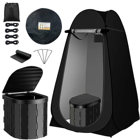 VOROLAK Camping Toilet Kit with Pop Up Privacy Tent, Portable Toilet & Changing Room for Adults | Carry Bag & Waste Bags | Quick Setup Privacy Shelter for Camping, Hiking, Beach & Emergency (Black)