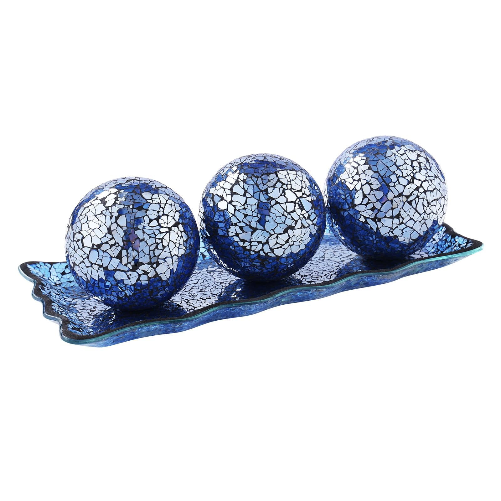 VORREN 3pcs Mosaic Decorative Balls with Tray, Glass Orbs with Plate, 12.9" Mosaic Glass Tray, 3" Centerpiece Sphere Balls for Dining Table Coffee Table Home Decor Wedding Party Decor, Gift Blue C21