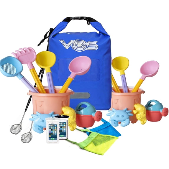 VOS Bundled Beach Essentials and Shelling Tools including 2 Black Sand Sifters, 2 Shell Bags (Blue & Green), 2 Sand Pail Sets, 2 iPhone Cases (White & Black) & 1 Blue 5L Dry Bag