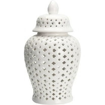VOSAREA Ginger Jar Traditional Pierced Ginger Jar with Lid Ceramic Flower Vase Carved Lattice Decorative Temple Jar White Ginger Jars for Home Decor