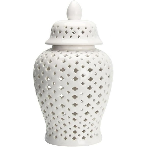 VOSAREA Ginger Jar Traditional Pierced Ginger Jar with Lid Ceramic Flower Vase Carved Lattice Decorative Temple Jar White Ginger Jars for Home Decor
