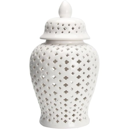 VOSAREA Ginger Jar Traditional Pierced Ginger Jar with Lid Ceramic Vase Carved Lattice Decorative Temple Jar White Ginger Jars for Home Decor