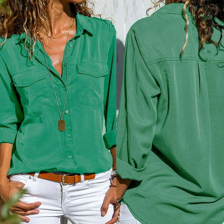 VOSS Collar Solid Casual Long Front Sleeve Turn Tops Down Women Pockets  Shirt Button Women's Blouse