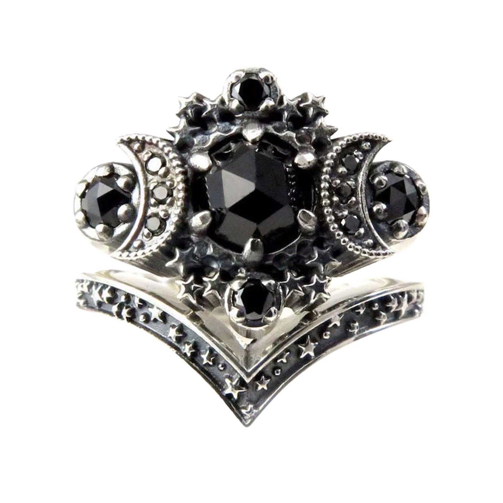 VOSS Fashion Diamond Silver Moon Engagement Ring Set Boho Stacking ...