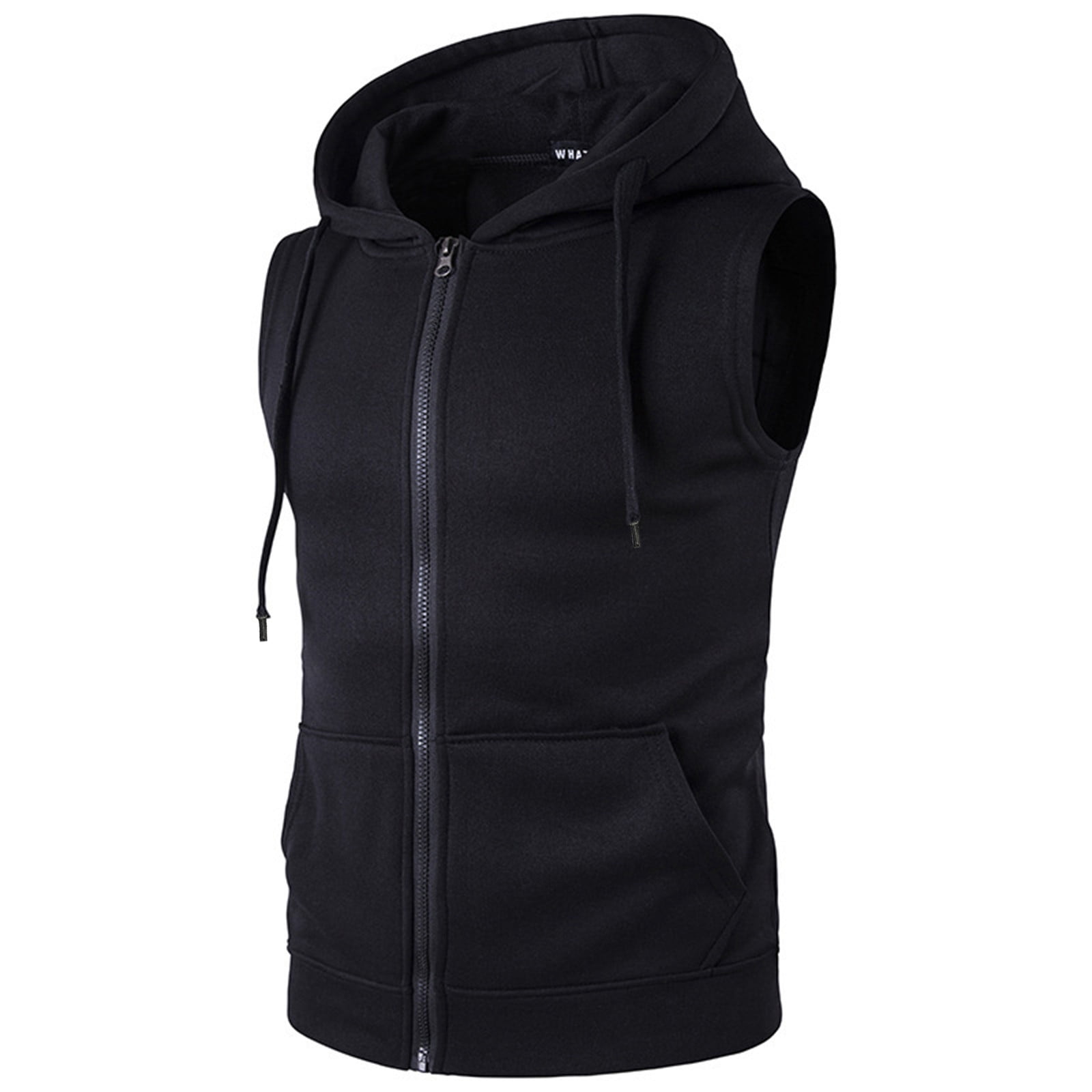 VOSS Men Spring Summer Casual Sports Solid Color Sleeveless Zipper Hoodie Blouse Top