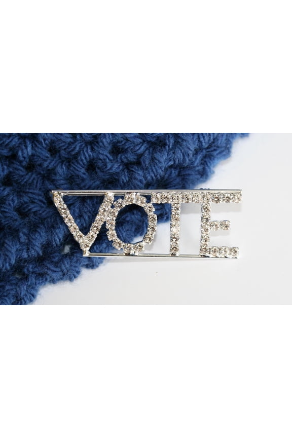 Rhinestone Brooch, Clear VOTE Pin, Silver