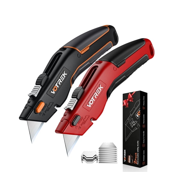 VOTREK 2-Pack Box Cutter Retractable Utility Knife Heavy Duty Sharp Razor Knife for Cartons, Cardboard and Boxes, with 6 Extra Blades
