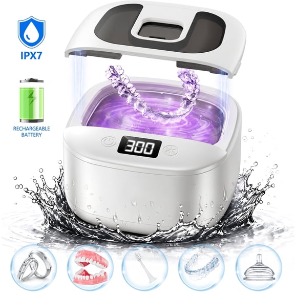 Getino Ultrasonic Retainer Cleaner Machine 45kHz, Rechargeable Dental Cleaning Pod with Digital Timer & 4 Modes for Dentures Aligners Mouth Guards Braces Toothbrush Heads & Jewelry