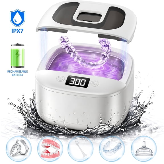 Getino Ultrasonic Retainer Cleaner Machine 45kHz, Rechargeable Dental Cleaning Pod with Digital Timer & 4 Modes for Dentures Aligners Mouth Guards Braces Toothbrush Heads & Jewelry