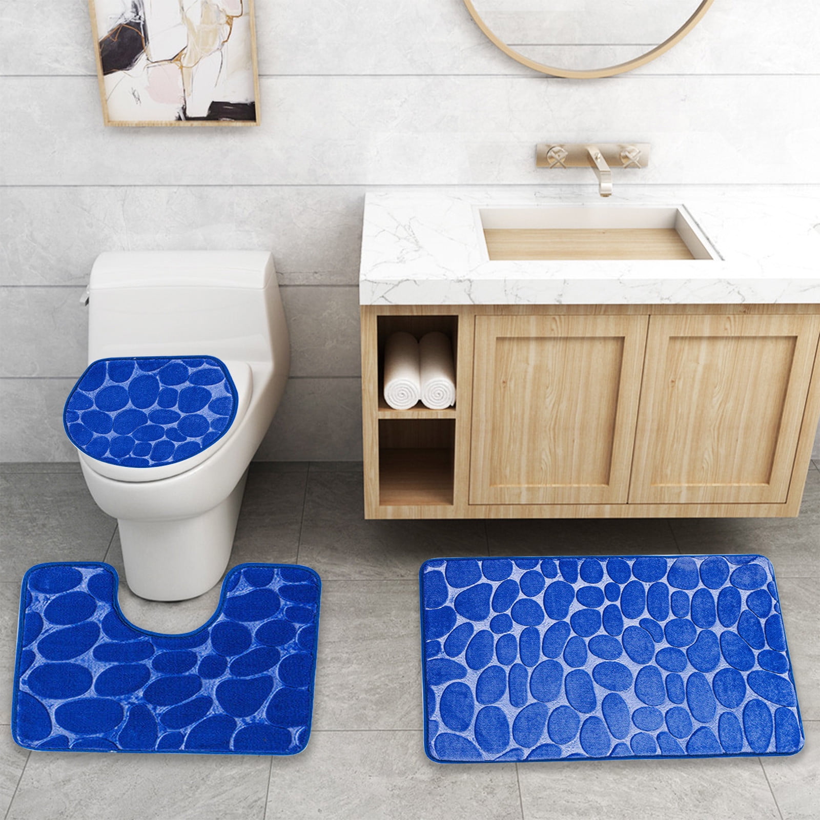 VOTRUDI 3 Piece New Bath Mats Clearance,Blue No Slip Ultra Soft Bathroom Rugs and Mats Washable Set of 3,Bath Rugs and Mats for Bathroom Floor