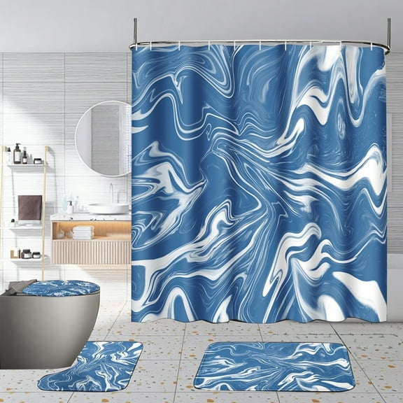VOTRUDI 4-Piece Blue Marble Shower Curtain Set with Anti-Slip Rugs, Waterproof Polyester 71x71in