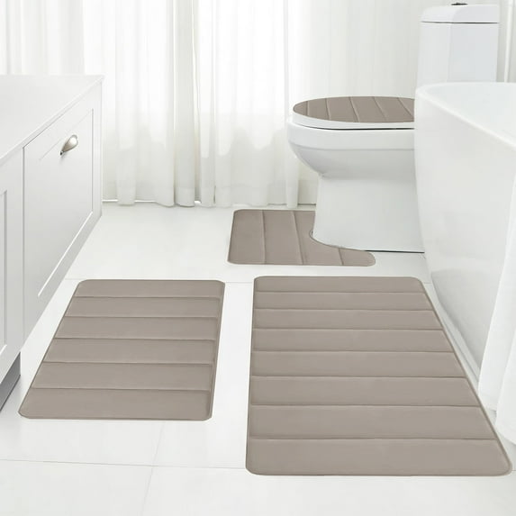 VOTRUDI 4-Piece Khaki Memory Foam Bath Mat Set - Ultra-Soft, Non-Slip Bathroom Rugs Set Easy Care with Toilet Mats