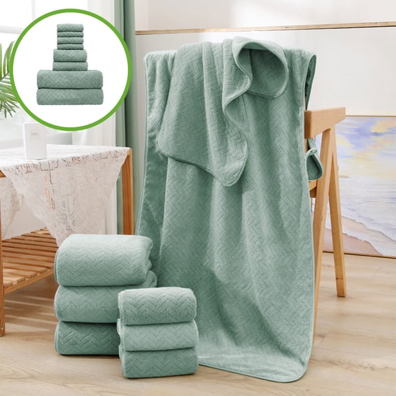 VOTRUDI 8 Piece Coral Fleece Bath Towel Set - Ultra Soft Absorbent, Green Herringbone with Hanging Loop