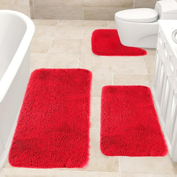 VOTRUDI Bathroom Rugs 3PC,Solid Color Soft Non-Slip Bath Mat Solid with Toilet Mats Set of 3,Red