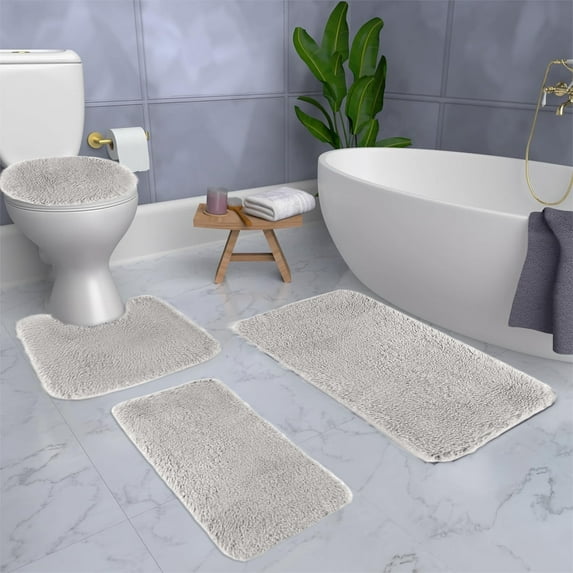 VOTRUDI Bathroom Rugs 4PC,Solid Color Soft Non-Slip Bath Mat Solid with Toilet Mats Set of 4,Gray