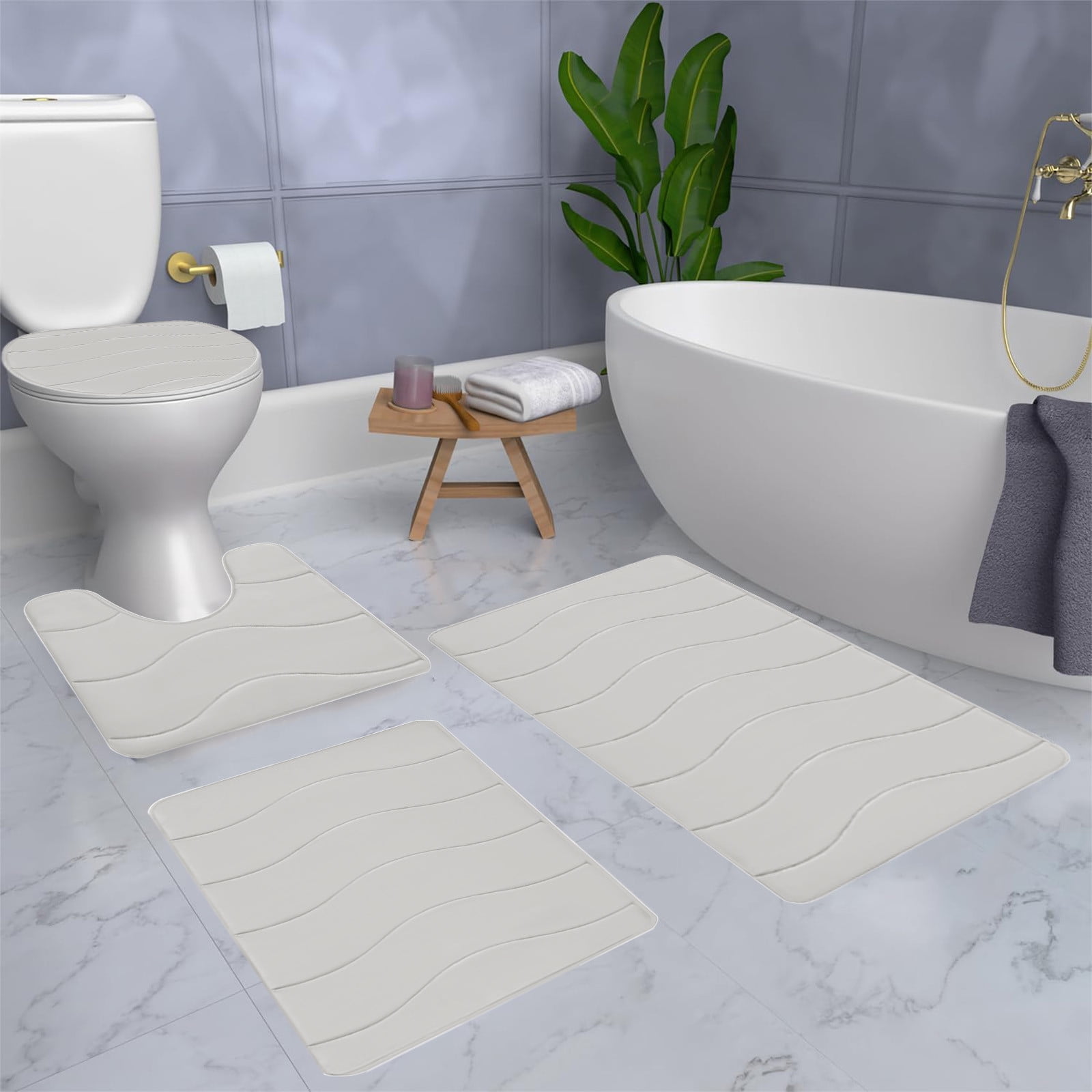 VOTRUDI Bathroom Rugs Clearance,Beige No Slip Memory Foam Bathroom Rugs and Mats Washable Set of 4,Bath Rugs and Mats for Bathroom Floor