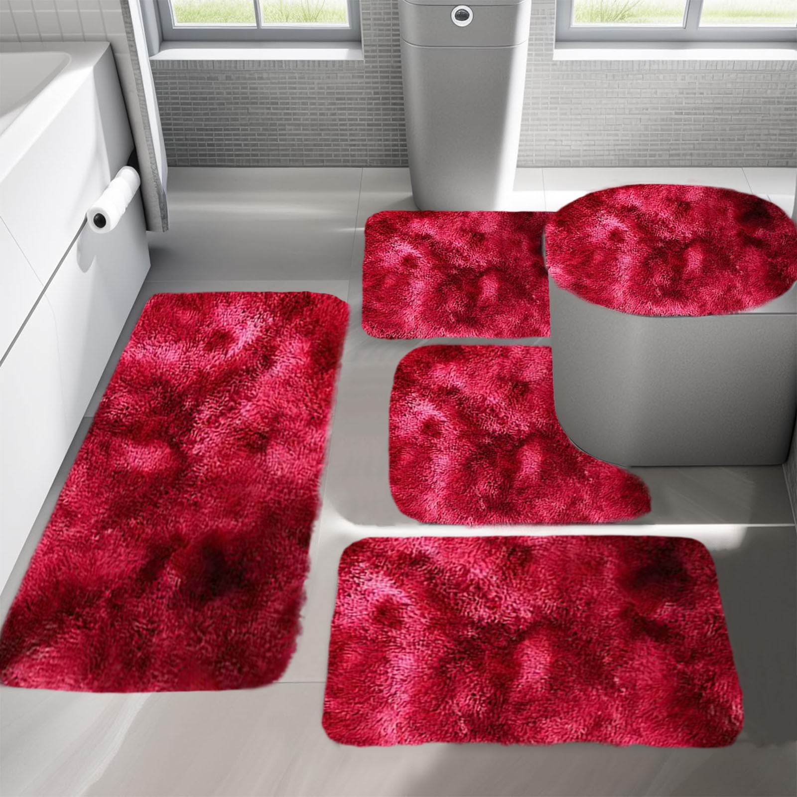VOTRUDI Bathroom Rugs Clearance,Red No Slip Memory Foam Bathroom Rugs and Mats Washable Set of 5,Shag Bath Rug for Bathroom Floor
