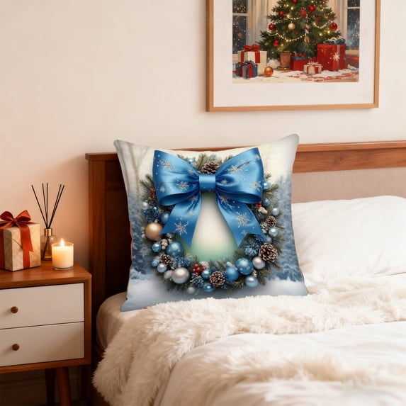 VOTRUDI Christmas Decorative Linen Pillow Covers 28x28 Inch, Blue White with Wreath Reindeer Snowman, Winter Home Decor for Living Room Bedroom