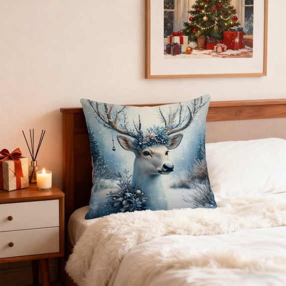 VOTRUDI Christmas Pillow Covers Linen - 11x11 Inches Blue, Classic Wreath Reindeer Snowman Prints, Festive Winter Home Decor for Living Room Bedroom Sofa, Holiday Gift