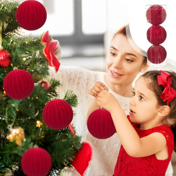 VOTRUDI Flocked Christmas Ball Ornaments, 6-Inch Large Ribbed Velvet Texture Holiday Decor Set of 3, Red and White