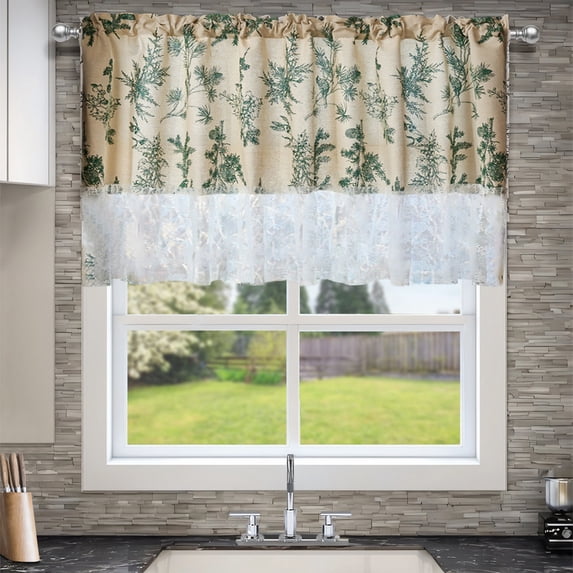 VOTRUDI Floral Kitchen Valance Lace Edge 59x24 Inches - Light Filtering Rod Pocket Valance for Bathroom, Small Window, Above Sink - Polyester, Easy Care