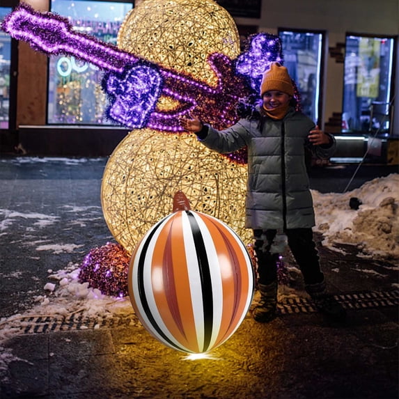 VOTRUDI Halloween Holiday Inflatable Striped Light-Up Oval Simulation Pumpkin Ball Prop for Outdoor Courtyard & Pool Decoration