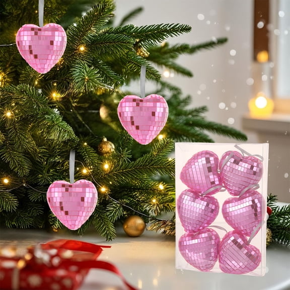 VOTRUDI Heart Shaped Disco Ball Ornaments, 6-Pack Pink Silver Gold Mirrored Christmas Tree Decorations for Party Wedding Home Festive Decor
