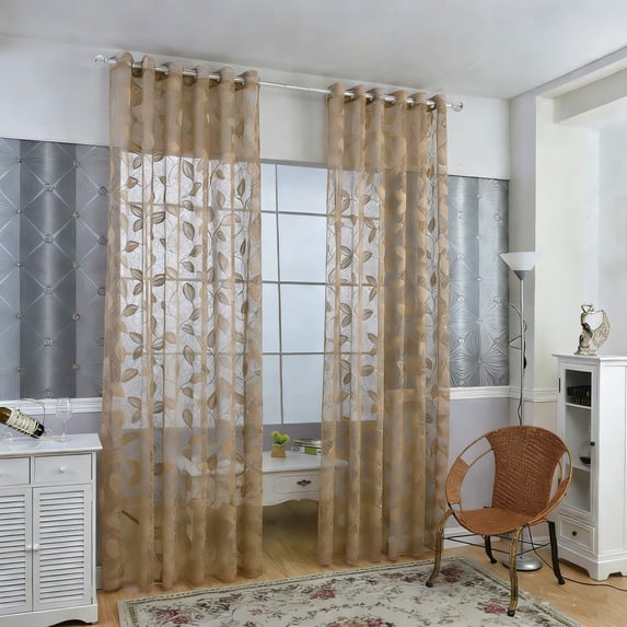 VOTRUDI Mystic Home Leaf Pattern Sheer Curtains 39 x 98 Inches Long Light Filtering Window Panels No Drill Knitted Textured Drapes for Living Room Bedroom, Coffee Brown, 1 Panel