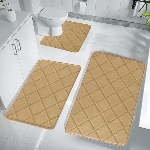 VOTRUDI New Bath Mats Clearance,Khaki No Slip Memory Foam Bathroom Rugs and Mats Washable Set of 3,Bath Rugs and Mats for Bathroom Floor