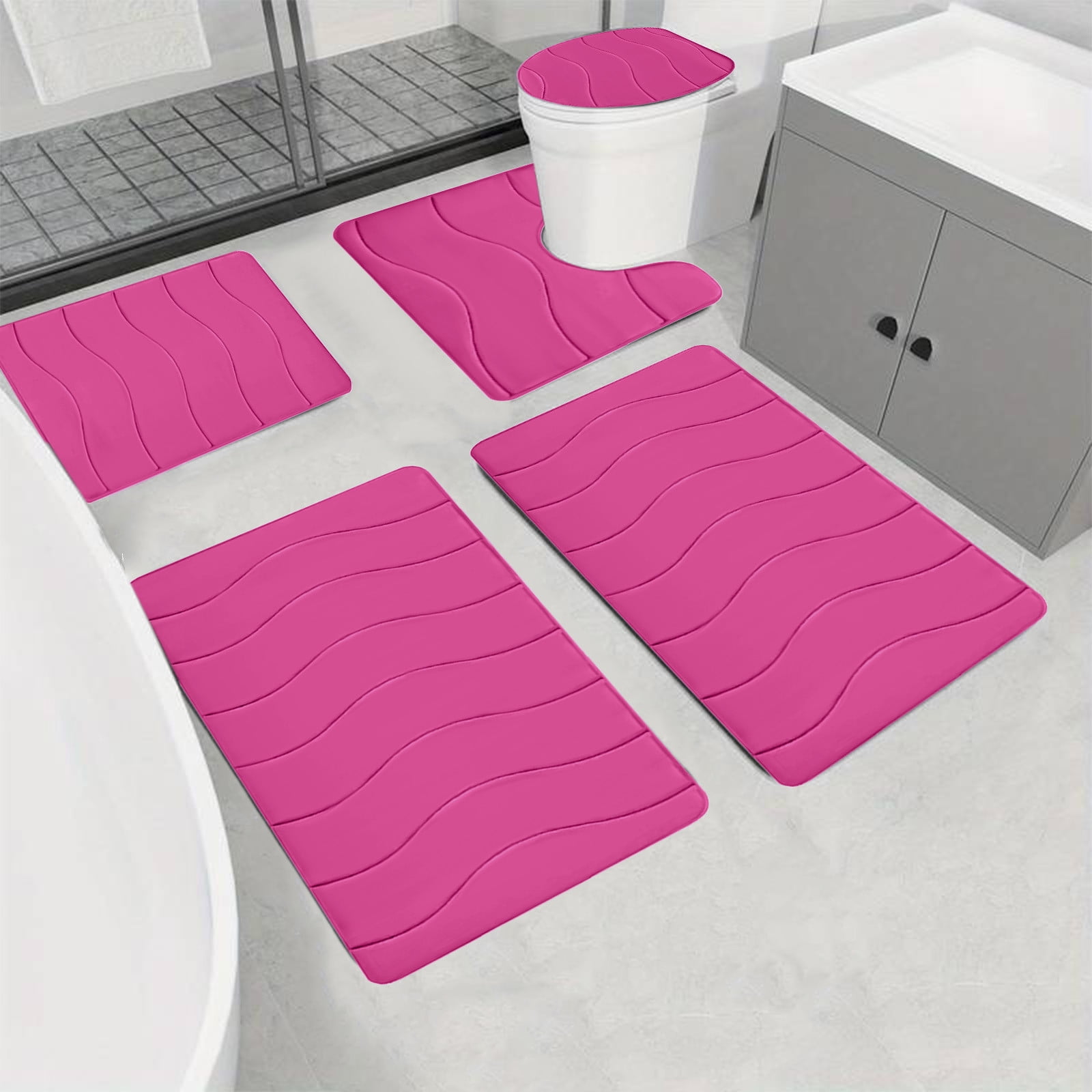 VOTRUDI New Bath Mats Clearance,Pink No Slip Memory Foam Bathroom Rugs and Mats Washable Set of 5,Bath Rugs and Mats for Bathroom Floor