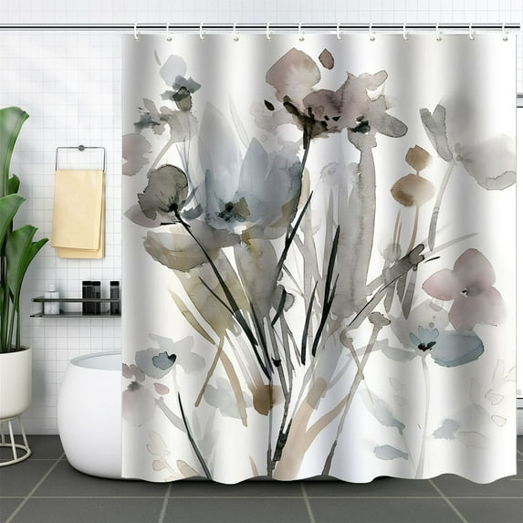 VOTRUDI Polyester Shower Curtain Digital Floral Print Waterproof Bathroom Set with Hooks 59x71in