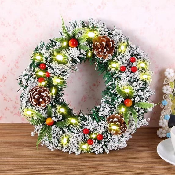 VOTRUDI Pre Lighted Faux Wreath Christmas,Artificial Christmas Wreaths for Front Door,12in Christmas Decoration Wreath with Cones Berry Cluster Christmas White Lights for Indoor Outdoor