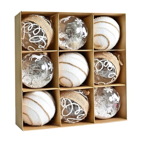 VOTRUDI Rustic Christmas Ornaments Set of 9 - Farmhouse Christmas Tree Ball Decorations with Burlap, Felt and Clear Glittered Styles for Holiday Decor
