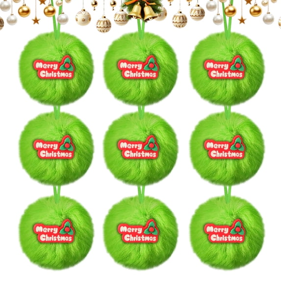 VOTRUDI Set of 6 Green Furry Christmas Ball Ornaments, Plush Fuzzy Soft Holiday Decor for Tree with Festive Labels, Ki-d-Safe Xmas Decorations