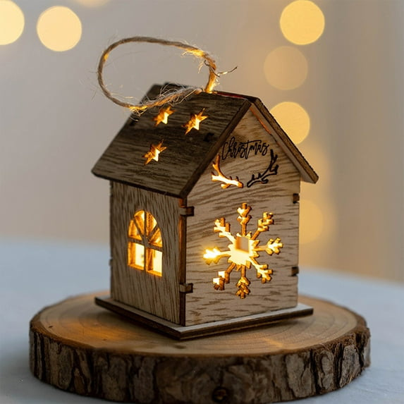 VOTRUDI Snowflakes Ornaments for Christmas Decoration,Glowing Wooden House Pendant for Creative Christmas Tree Decoration with Snowman, Elks and Snowflake Lighting.,Brown