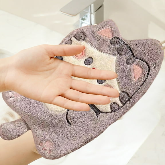 VOTRUDI Super Absorbent Kitchen Hand Towel - Velvet Polyester with Hanging Loop, Cute Cartoon Cat, Gray