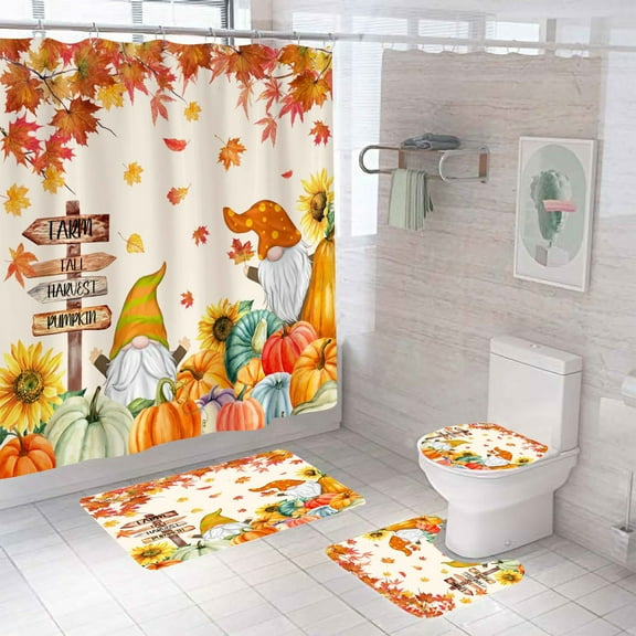 VOTRUDI Thanksgiving 4-Piece Bathroom Set - Orange Shower Curtain with Non-Slip Rugs, Toilet Cover & 12 Hooks, Fall Decor (70x70 inches),71x71in