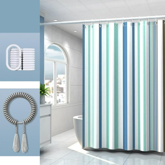 VOTRUDI Waterproof Canvas Shower Curtain Stripe Design 71x79in with 12 Hooks & Tieback