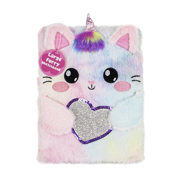VOTUM Large Furry Sketchbook Rainbow Unicorn Cat with Heart Soft Journal for Drawing & Writing Ages 6+